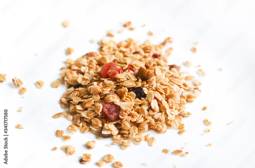Muesli, granola healthy meal on white background, healthy food Muesli, granola healthy meal on white background, healthy food