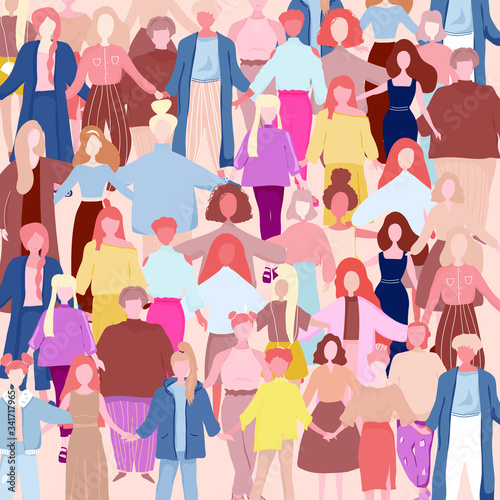 Crowd of young and elderly women. Diverse group of feminists standing together. Concept of social diversity and feminism. Cartoon flat vector illustration.
