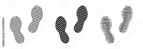 Flat linear design. Trail of footprints from a human foot in a shoe. Black and contour marks. Isolated vector elements.