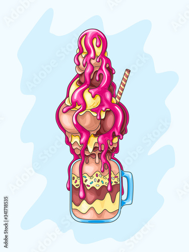vanilla, caramel and chocolate cocktail with ice cream, syrup and sprinkles in cocktail jar. Milkshake vector illustration.