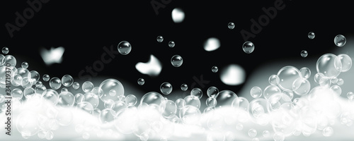 Bath foam isolated on black background. Shampoo bubbles texture.Sparkling shampoo and bath lather vector illustration.