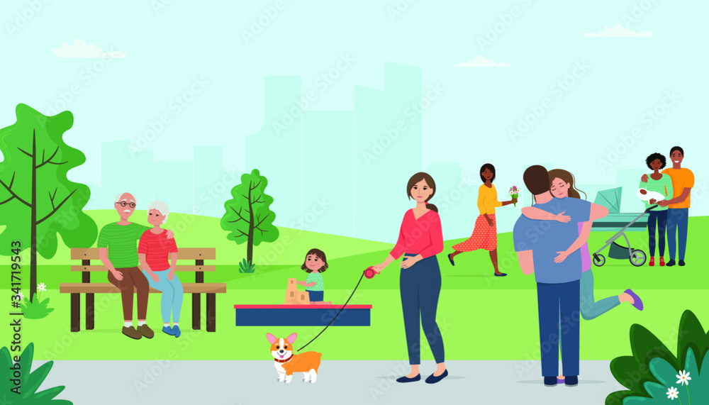 People relaxing in city park. Happy people together after quarantine cancellation. Flat vector illustration People relaxing in city park. Happy people together after quarantine cancellation. Flat vector illustration