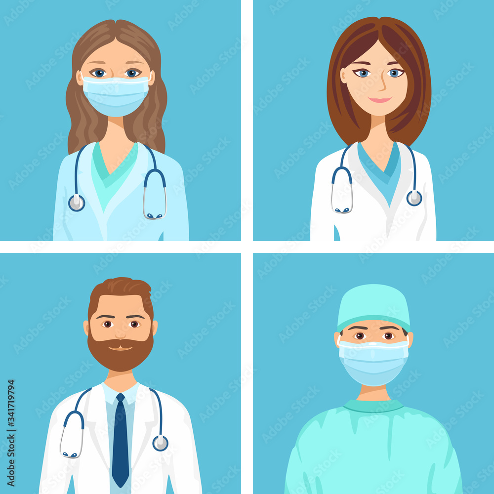 Doctors portraits set. Vector illustration male and female faces in cartoon flat style. Medical workers Icons, avatars. Doctors portraits set. Vector illustration male and female faces in cartoon flat style. Medical workers Icons, avatars.