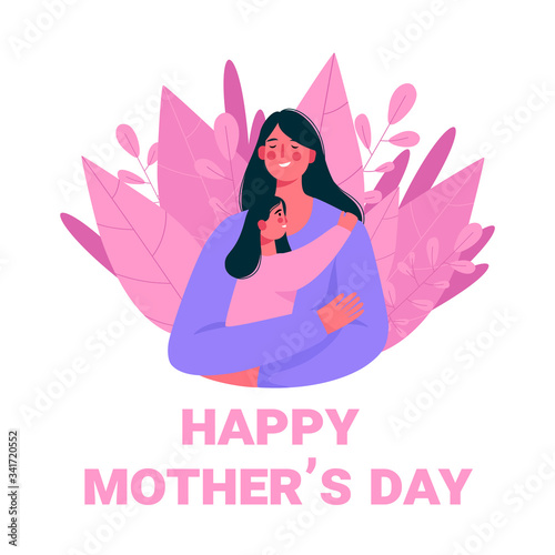 Happy smiling mother and daughter. Mother hug daughter with love and holding her in arms. Happy mothers day card. Flat cartoon vector illustration