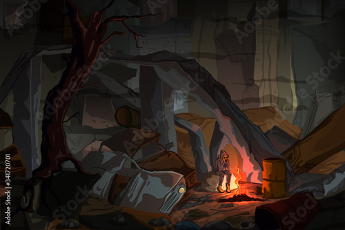 Apocalyptic landscape with a boy in a gas mask sitting by the fire in dark destroyed city. Fog dramatic night. Vector illustration