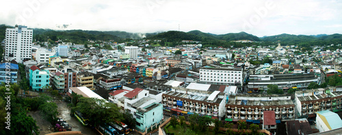 Aerial view landscape and cityscape with traffic road of Betong town in southern thai from top of resort hotel at Betong on August 16, 2019 in Yala, Thailand