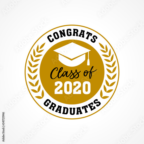 Class of 2020 in golden palm wreath, Congrats Graduates. Lettering Graduation calligraphy logo. Vector illustration. Template for graduation design, party, high school or college graduate, yearbook