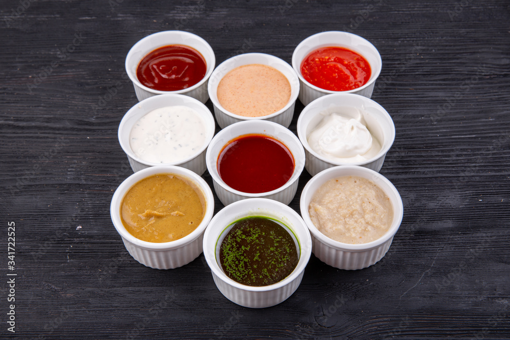 Sauces are collected, served with different dishes, fish, meat and garnish Sauces are collected, served with different dishes, fish, meat and garnish