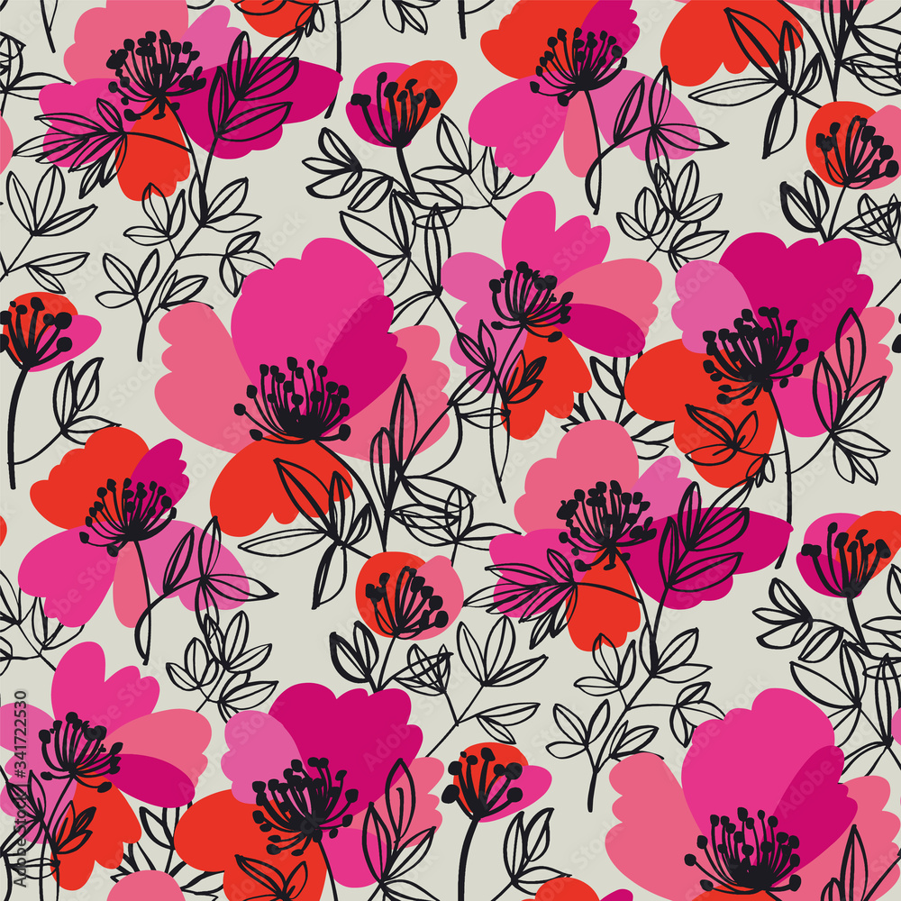 Abstract bright modern peony flowers pattern