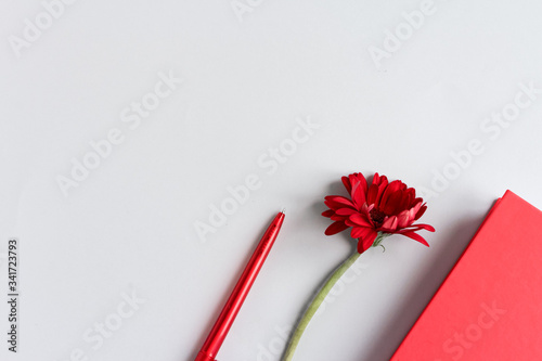 Flat lay, top view office desk writing desk. female desk workplace with red notebook, red pen and red flower on a gray background. place for inscription,top view