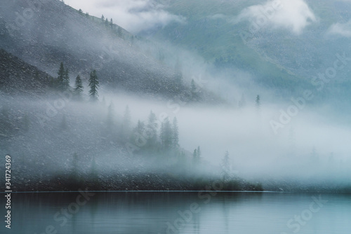 Obraz na plátně Ghostly atmospheric view to tranquil mountain lake and stony steep slope with coniferous trees in dense fog