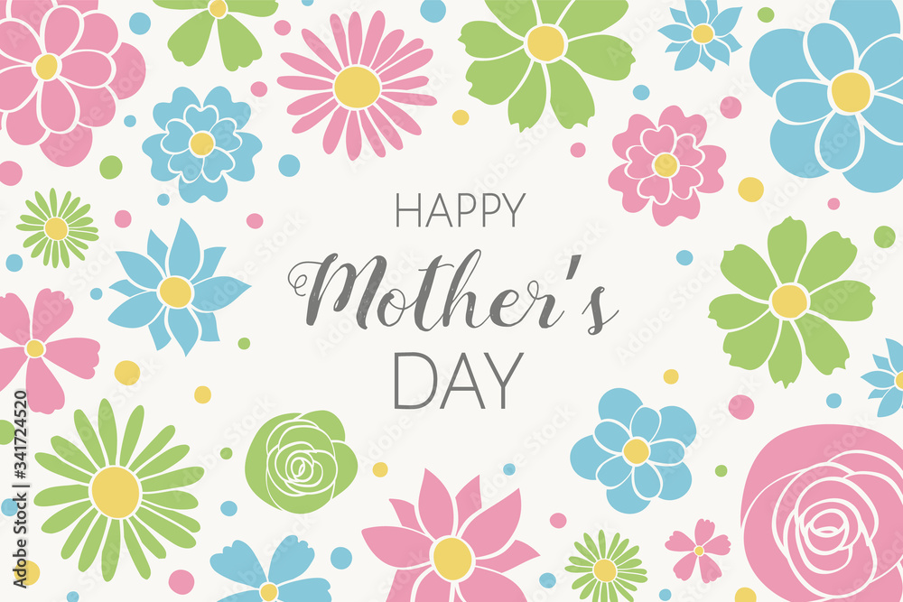 Mothers’ Day. Concept of a banner with hand drawn flowers and greetings. Vector