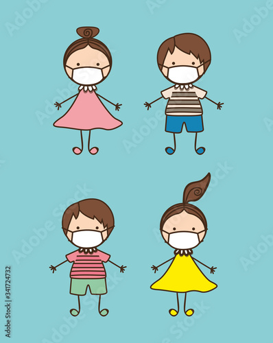 Boys and girls kids with masks against 2019 ncov virus vector design
