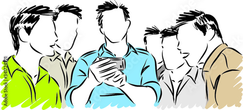 men together looking at cellphone vector illustration