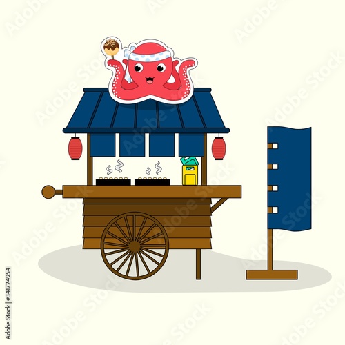 Kawaii Japanese Takoyaki hawker stall and smiley red octopus with Japan restaurant flag on beige background