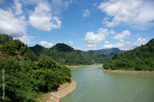 View landscape of Bang Lang Reservoir and Pattani Dam with mountain and forest at Bannang Sata District of Yala Province, Thailand