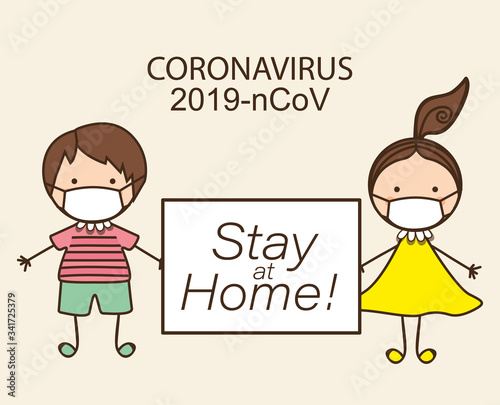 Boy and girl kids with masks and stay at home banner against 2019 ncov virus vector design