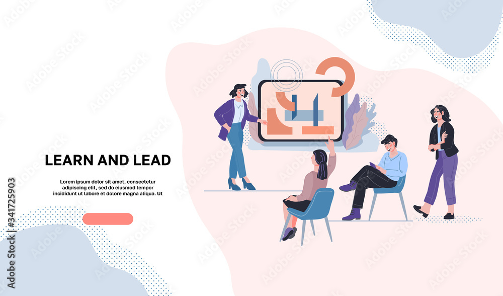 Learn and Lead landing page or website template. Company staff training and continuing education courses. Webinar online for Leadership skills Development.Vector flat cartoon illustration