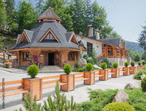 Wooden log building in Carpathian Mountains