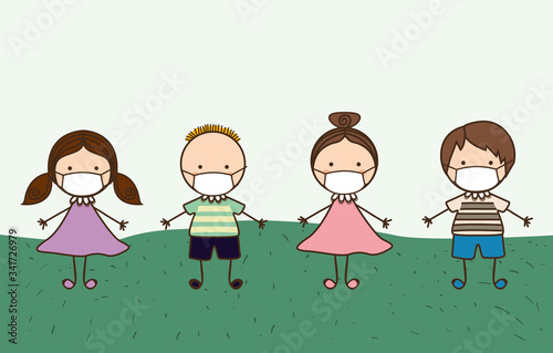 Boys and girls kids with masks against 2019 ncov virus vector design