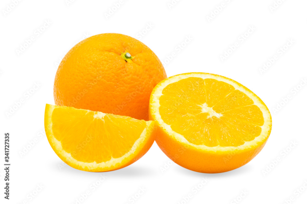 Closeup fresh three orange fruit slice isolated on white background with clipping path Closeup fresh three orange fruit slice isolated on white background with clipping path