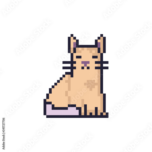 Pixel art cute cat sitting. 8 bit style vector. Brown cat whiskers sitting. Pixel perfect retro console vector style illustration.