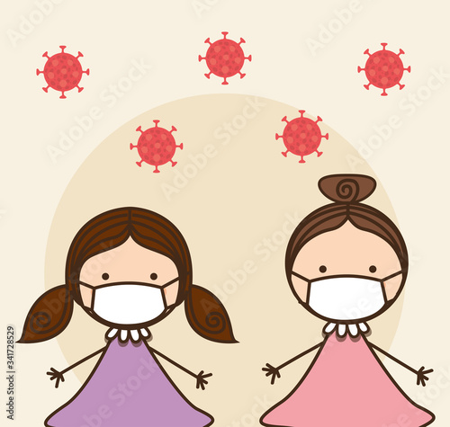 Girls kids with masks against 2019 ncov virus vector design
