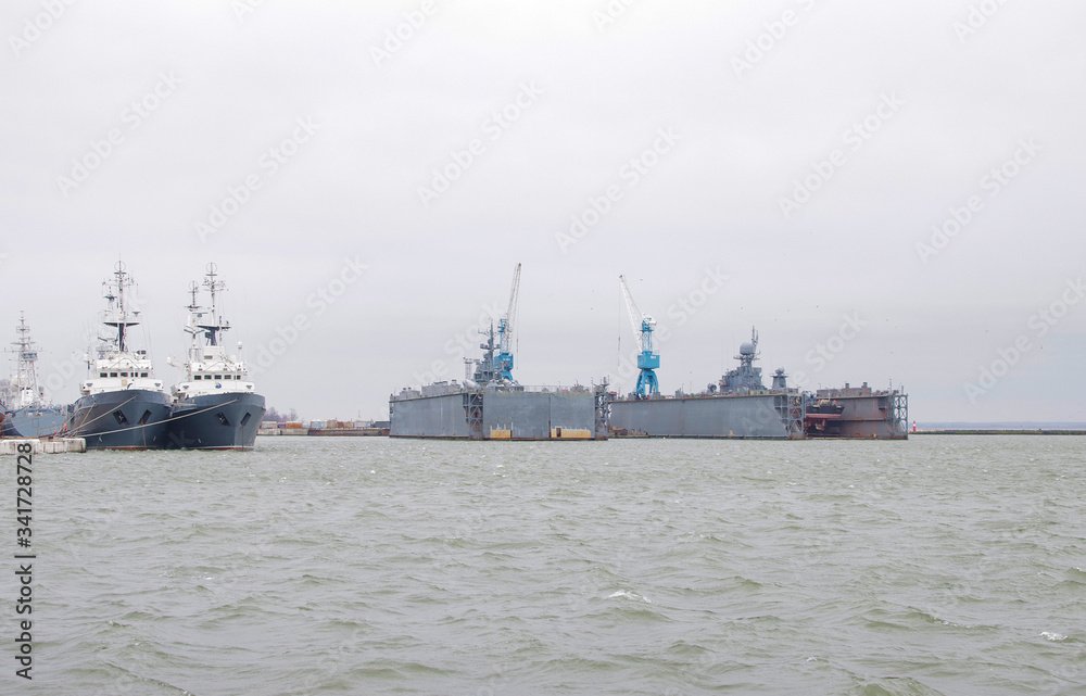 Dry, repair docks for ships in the city of Baltiysk, Russia.