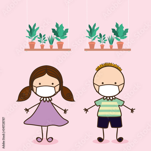 Boy and girl kids with masks against 2019 ncov virus vector design