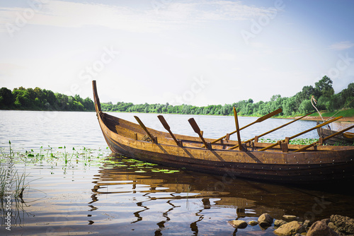 Fototapeta Naklejka Na Ścianę i Meble -  viking boat. Drakkar boat. Viking transport ship.