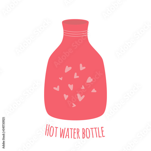Medical rubber water bottle for painful periods and menstrual. Zero waste menstruation period, cramp problems, menstrual pain, women stomach issues concepts. Cartoon. Flat. Vector stock illustration.