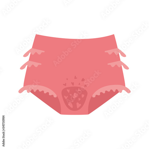 Women's underpants with menstrual blood. Female underwear, lingerie, underpants. Menstruation period, women's health, underwear bloodstained, bodypositive concepts. Flat. Vector stock illustration. photo