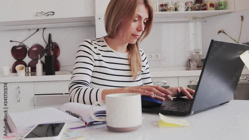 Working Remotely. Stay At Home! Young Woman working from home in internet in self-isolation, quarantine Working Remotely. Stay At Home! Young Woman working from home in internet in self-isolation, quarantine