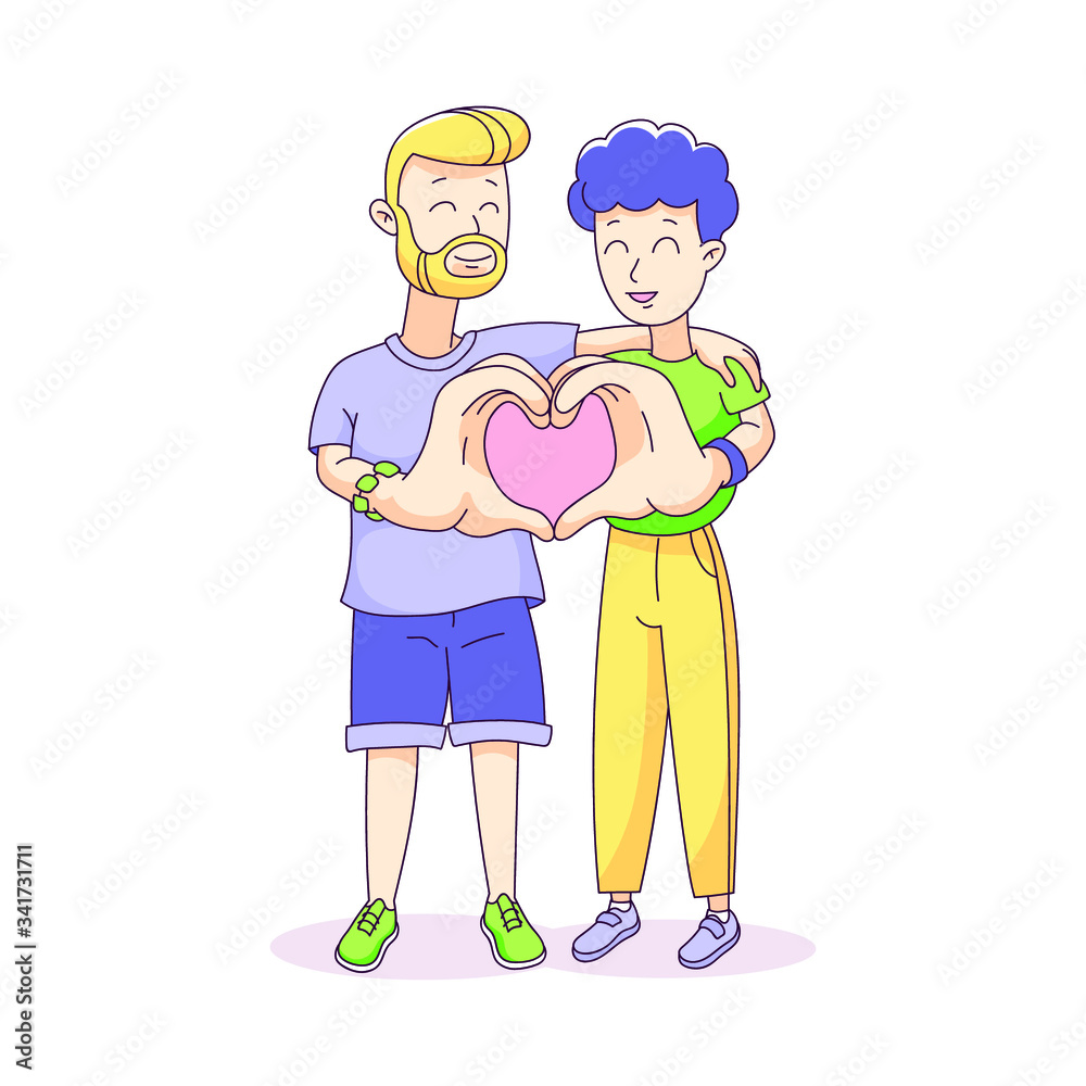 happy gay couple. two men smile and show heart shaped love sing with their hands. homosexual relation colorful cartoon style. lgbt pride concept. isolated vector stock illustration on white.