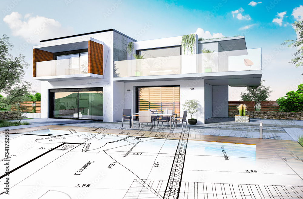 Esquisse 3D d'une maison moderne d'architecte avec plan de conception Stock  Photo