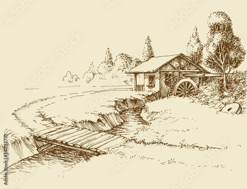 Water mill landscape, small river and wooden bridge hand drawn artistic illustration photo