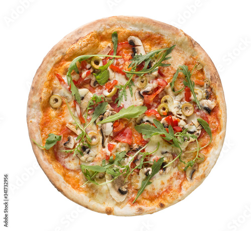 pizza with cheese, tomato, mushrooms, olives and arugula salad isolated over white background. Top view