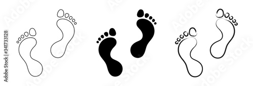 Flat linear design. Track of footprints from a human foot without shoes. Black and contour marks. Isolated vector elements.