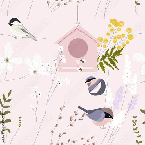 Spring garden seamless pattern with hand drawn springtime florals