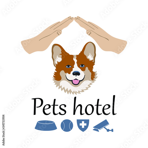  Vector illustration of animal hotel logo concept. Happy pet in good hands. 24-hour surveillance, food, games, veterinary care.