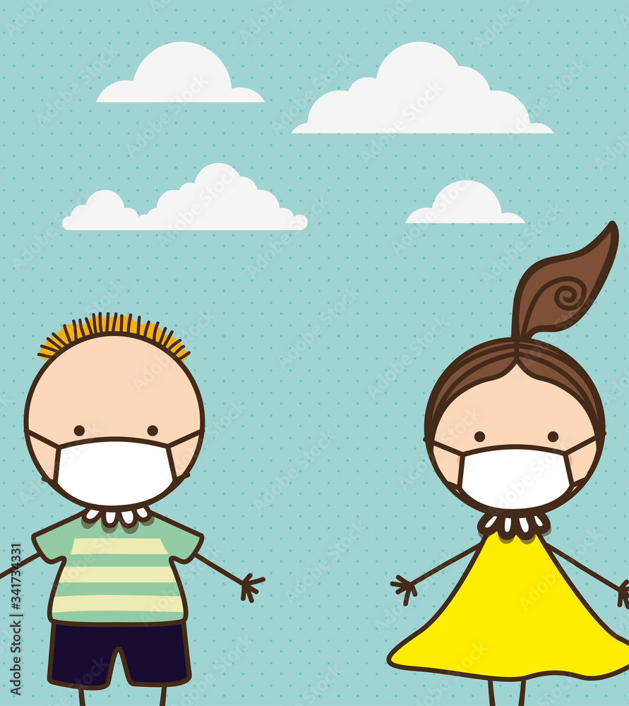 Boy and girl kids with masks against 2019 ncov virus vector design Boy and girl kids with masks against 2019 ncov virus vector design