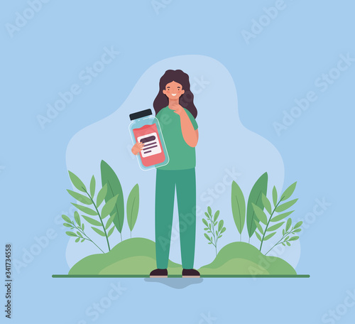 Woman doctor with medicine jar against 2019 ncov virus vector design