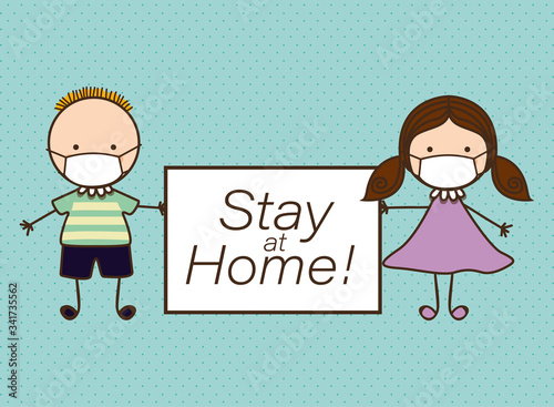 Boy and girl kids with masks and stay at home banner against 2019 ncov virus vector design