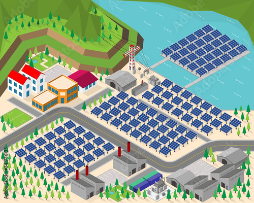 solar cell energy, solar cell power plant in isometric graphic