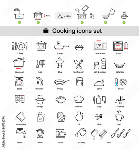 Cooking preparation icon set. Set of sign for detailed guideline. Vector elements on a white background. Ready for your design. EPS10.	