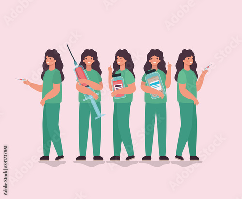 Women doctors with medicine jars and injection against 2019 ncov virus vector design