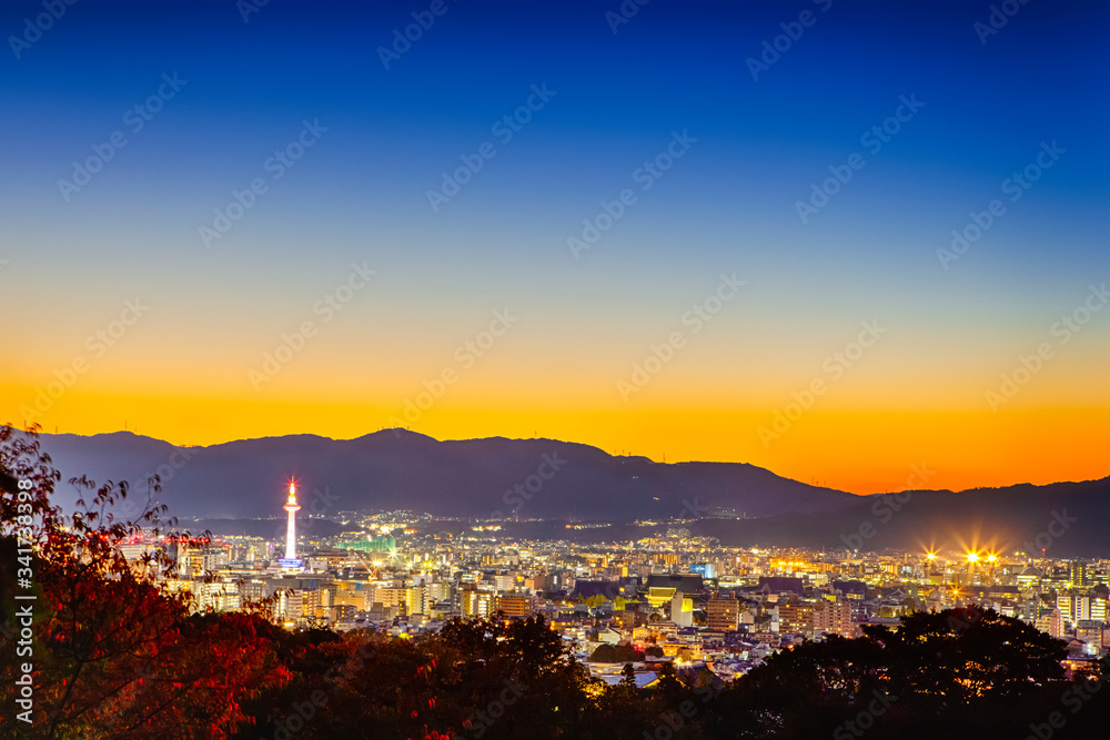 Japanese Traveling. Marvelous Sunset at Blue Hour Over Religious Kyoto City in Japan.