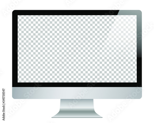 PC Monitor in Imac style with blank screen, isolated on white background. Transparent monitor screen. Blank isolated computer screen. Vector imac illustration copy.