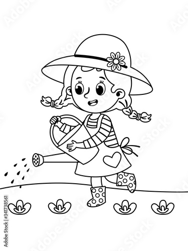 Little gardener watering vegetables. Vector illustration of a coloring page.