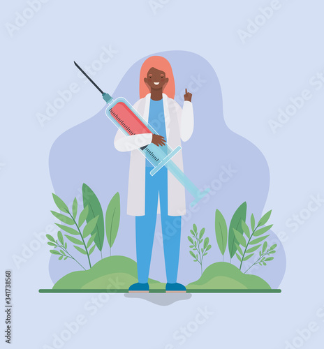 Woman doctor with injection against 2019 ncov virus vector design